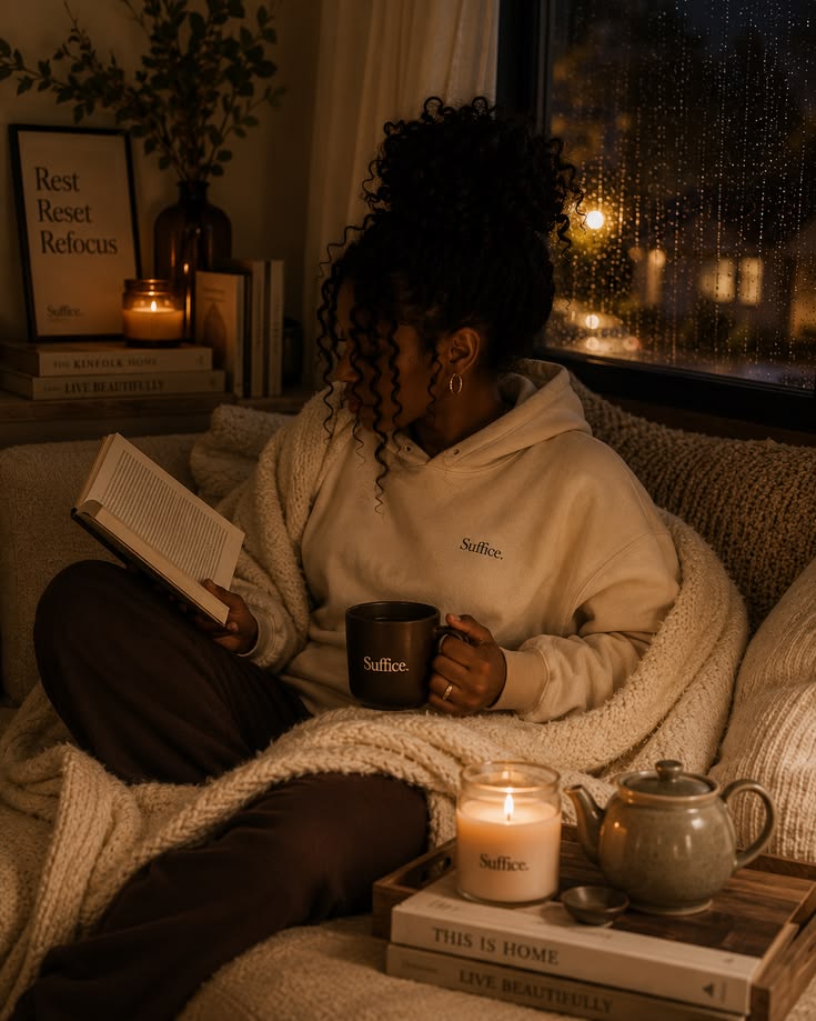 Cozy evening reading with a candle, blanket, and warm drink