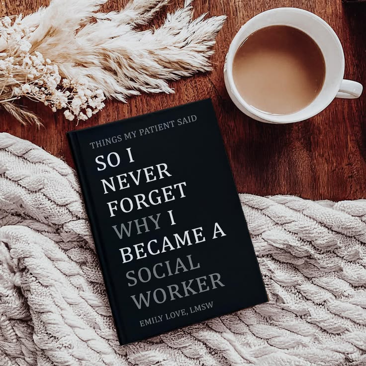 A personalized social worker journal on a cozy knit blanket with coffee