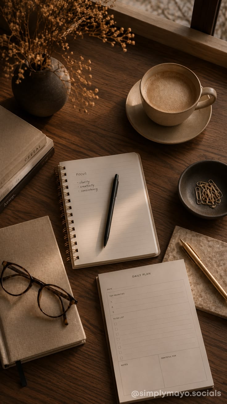 A warm home office desk with notebook, coffee, and reading glasses