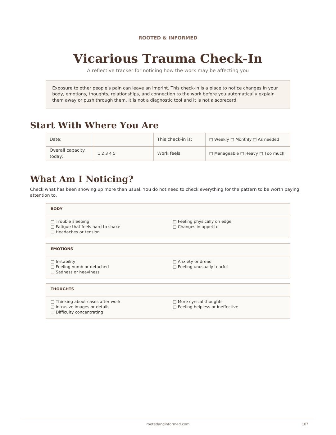 Vicarious Trauma Check-In, sample page 107